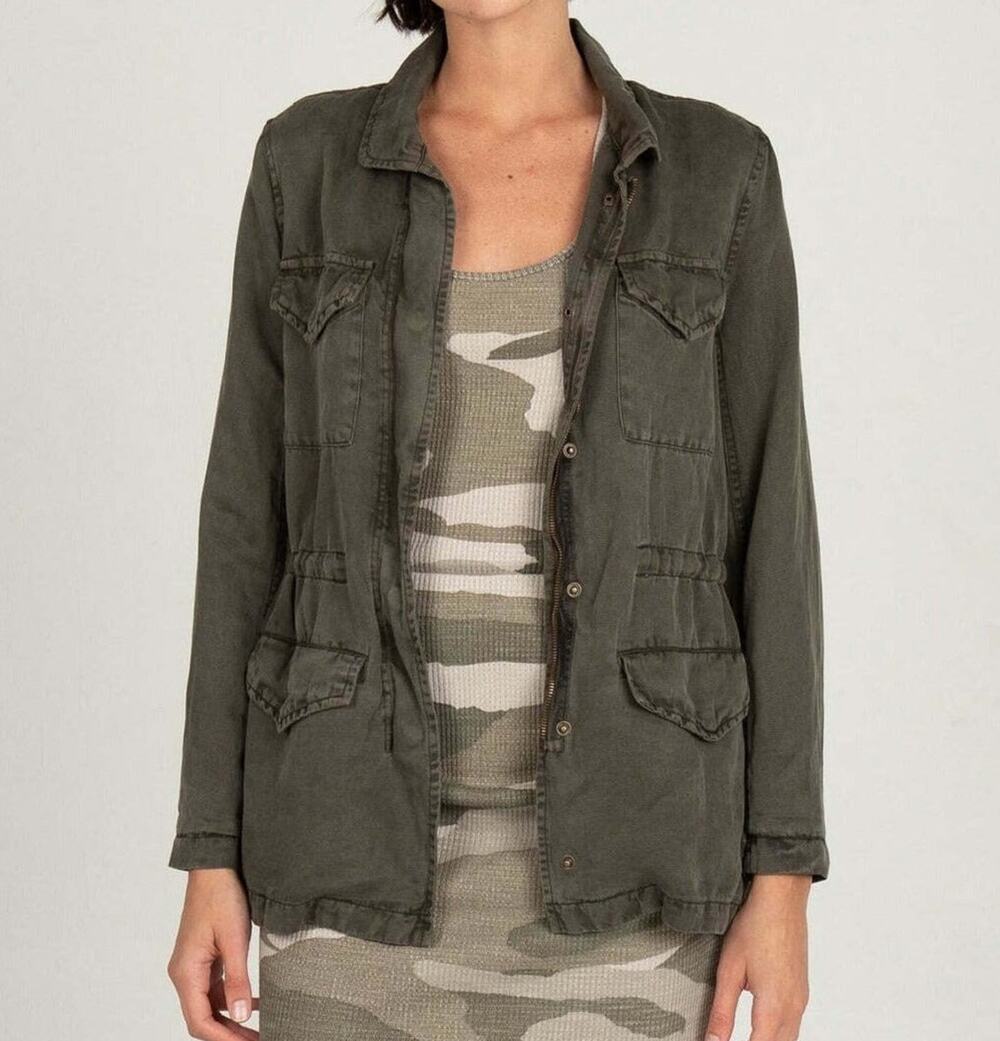 Monrow Linen Utility Jacket Military Safari Green Drawstring Waist M